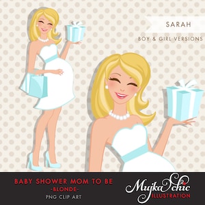 Blond ciężarna mama clipart na Baby Shower i zaproszenia na przyjęcie. Ciężarna kobieta stojąca z torbami na prezenty clipart. Pastelowy róż i turkus.