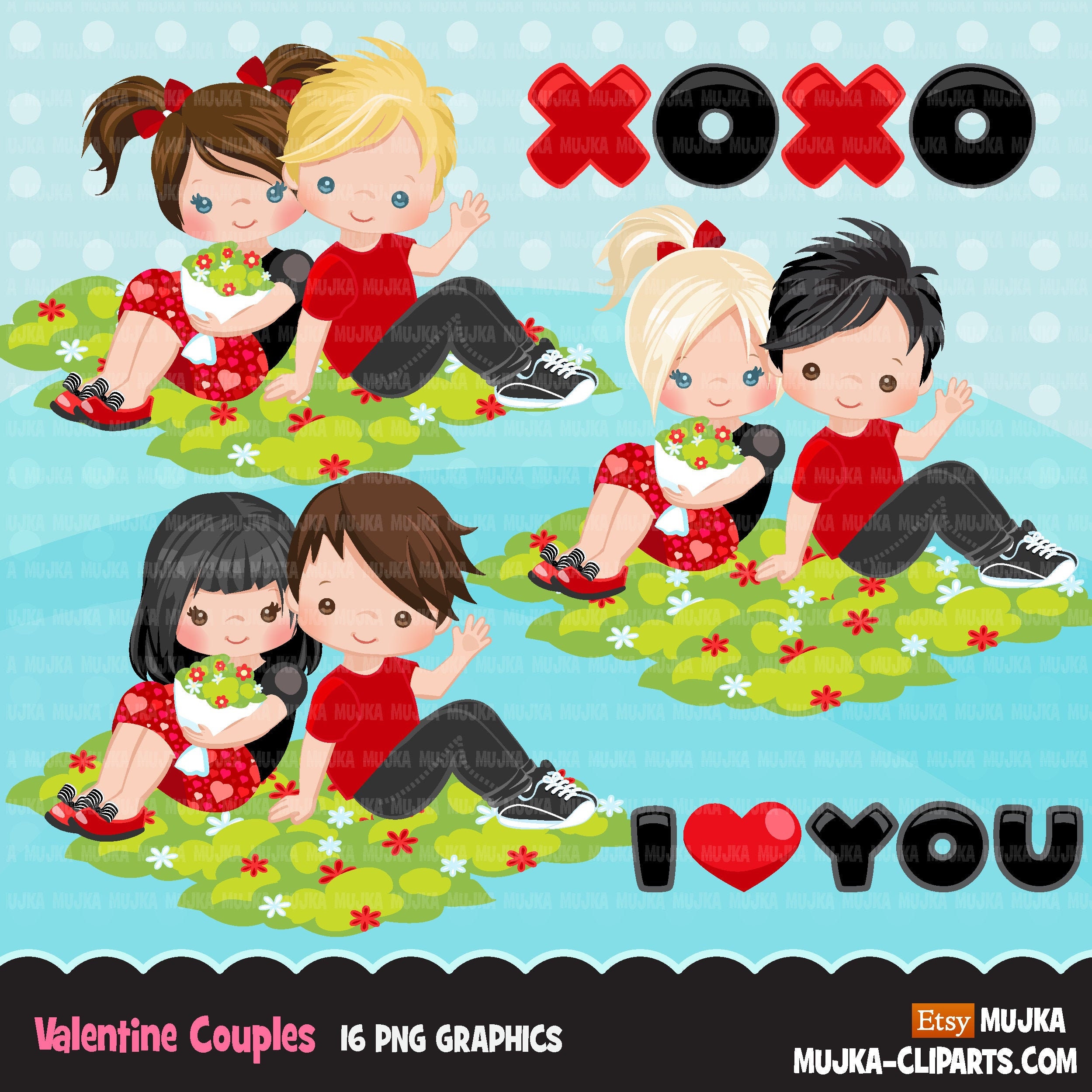 Valentine's Day Clipart, Cute Valentine kids, couples sitting, XOXO valentine graphics, Sublimation Designs clip art