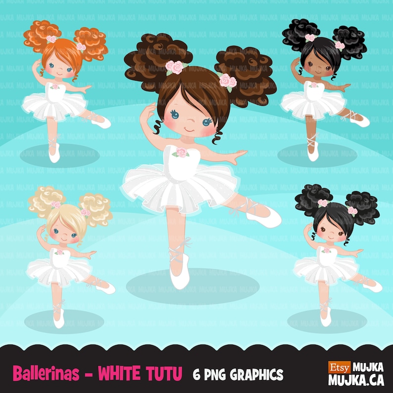 Ballerina clipart, chic ballet characters, afro girls, planner sticker, cookie, dancing girl, white tutu, dancers, recital, commercial image 1