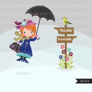 May include: A whimsical illustration of a girl in a blue coat holding a black umbrella, a floral handbag, and a green scarf. A signpost reads "Possible" and "Impossible" with a bird perched on top. Colorful flowers bloom at the base.