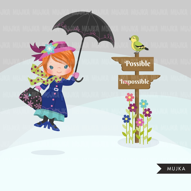 May include: A whimsical illustration of a girl in a blue coat holding a black umbrella, a floral handbag, and a green scarf. A signpost reads "Possible" and "Impossible" with a bird perched on top. Colorful flowers bloom at the base.