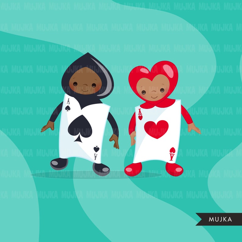 May include: Two children dressed as playing cards. One child is dressed as the Ace of Spades and the other is dressed as the Ace of Hearts. Both children are wearing black and red costumes with white card faces.