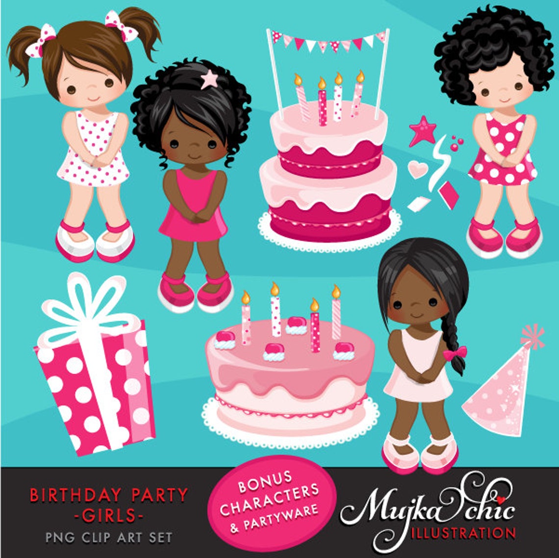 Girls Birthday Party Clipart With Cute Characters Birthday Etsy