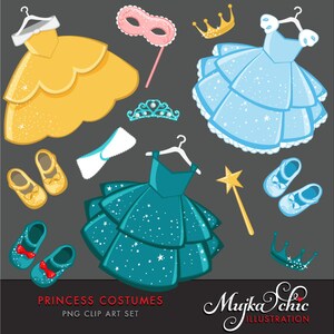 Princess Costumes Clipart with cute matching dress up accessories Instant Download Princess Costume Graphics. image 2