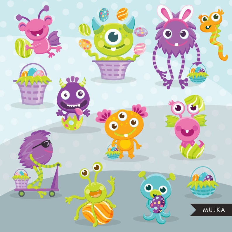 Cute Easter Monsters clipart, cute spring graphics, illustration, planner stickers, scrapbooking, character, embroidery, cutting files, art image 2