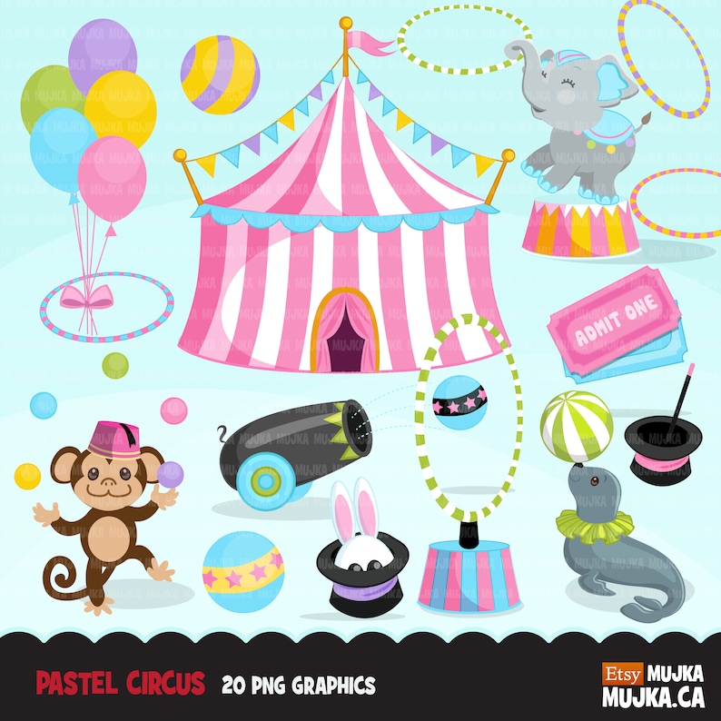 May include: A set of 20 pastel-colored circus themed digital clipart images. The images include a pink and white striped circus tent, a monkey juggling balls, a cannon, a seal balancing a ball, a rabbit in a top hat, a clown, a ticket that says "Admit One", and more.