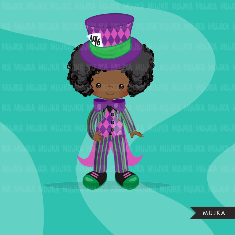 May include: A cartoon illustration of a young person dressed as the Mad Hatter from Alice in Wonderland. They are wearing a purple and green striped suit with a pink bow tie, a purple hat with a green band and a playing card that says "10%" on it, and black curly hair.