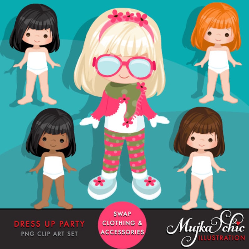 Paper Doll Clipart. Little Girls Dressing Party Graphics Cute - Etsy