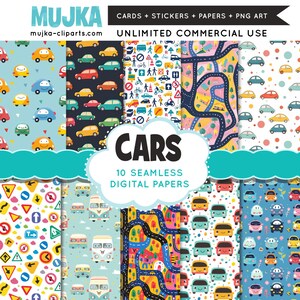 Cute Cars Digital papers, kawaii baby naadloze achtergrond, afdrukbaar achtergrondpatroon kinderkamer, digitale baby achtergrond, plakboekpapier