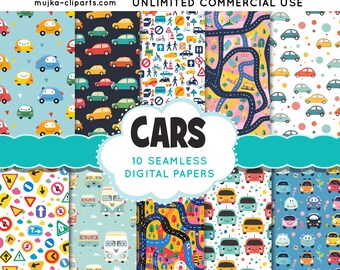 Cute Cars Digital papers, Kawaii baby seamless background, nursery background printable pattern, baby digital background, scrapbook paper