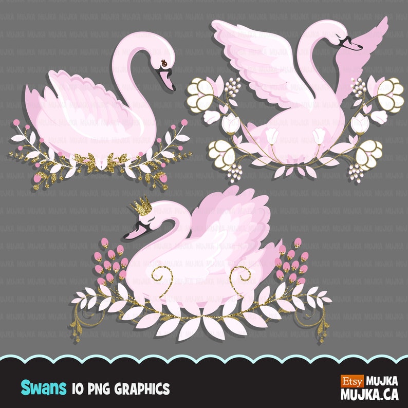 Pink Swan clipart. Gold glitter pastel swan graphics. Etsy