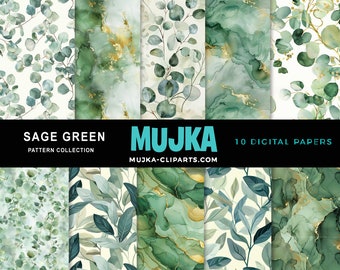 Sage Green Floral Digital Paper: Eucalyptus Watercolor seamless surface Patterns (PNG Digital Download)