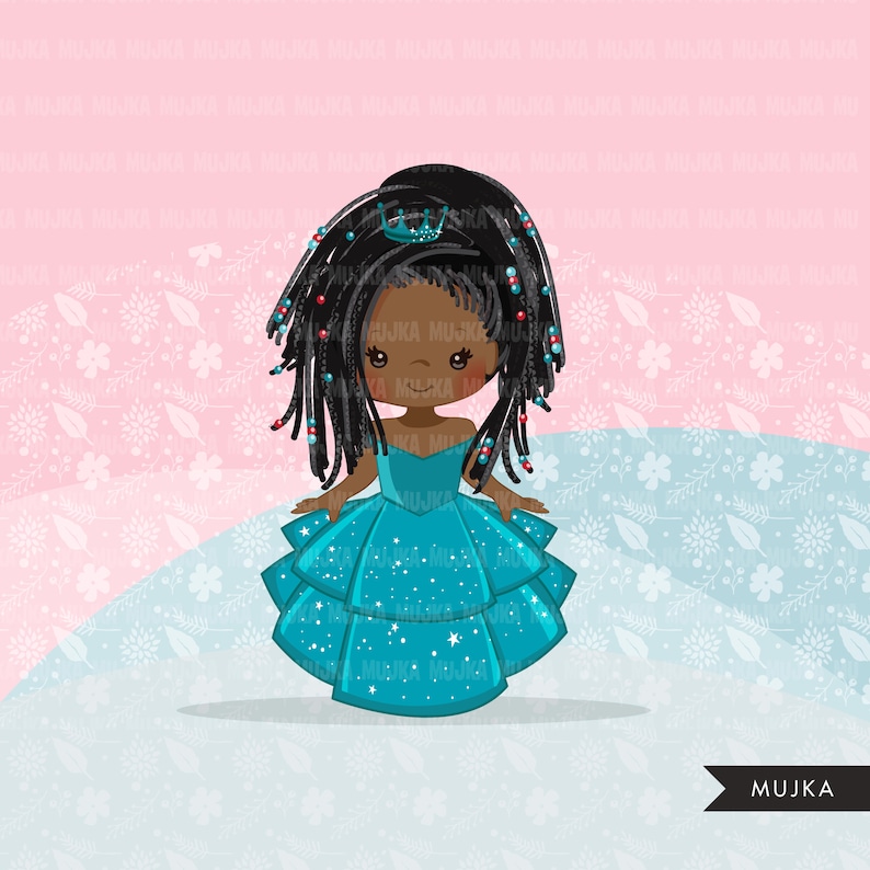 May include: A cartoon illustration of a young girl with dark skin wearing a blue sparkly dress and a crown. She has long black hair with red beads woven into it. The background is a light blue and pink floral pattern.