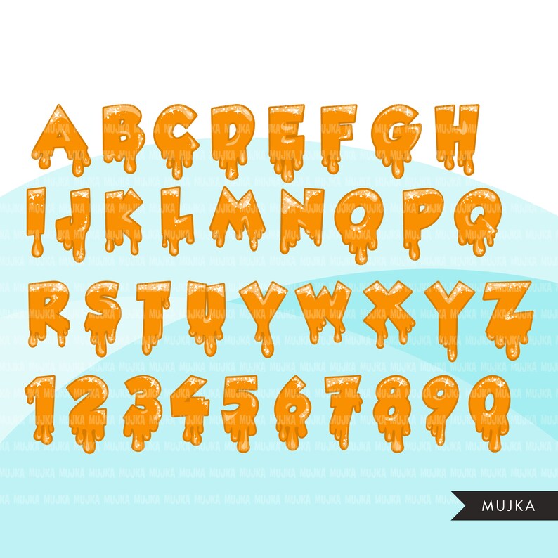 Puede incluir: Letras y n&uacute;meros del alfabeto naranja con un efecto de goteo, como si estuvieran hechos de caramelo o miel derretidos. Las letras y los n&uacute;meros est&aacute;n en un estilo negrita y de dibujos animados.