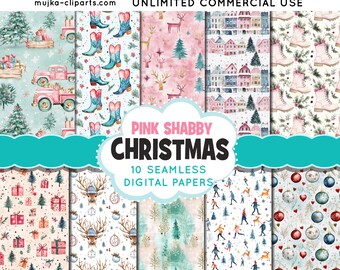 Christmas digital papers, Shabby Pink backgrounds, Santa digital papers, Seamless surface patterns, Whimsical Christmas Scrapbook Papers