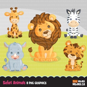 May include: A set of eight cartoon safari animal illustrations. The animals are a giraffe, lion, zebra, rhinoceros, and tiger. The animals are all sitting down and have a cartoonish style. The background is a green grassy field.