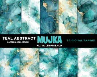 Alcohol Inks Digital Paper, Watercolor Teal Gold Seamless Patterns, Abstract Sublimation Digital Download, PNG, Abstract Scrapbook Papers