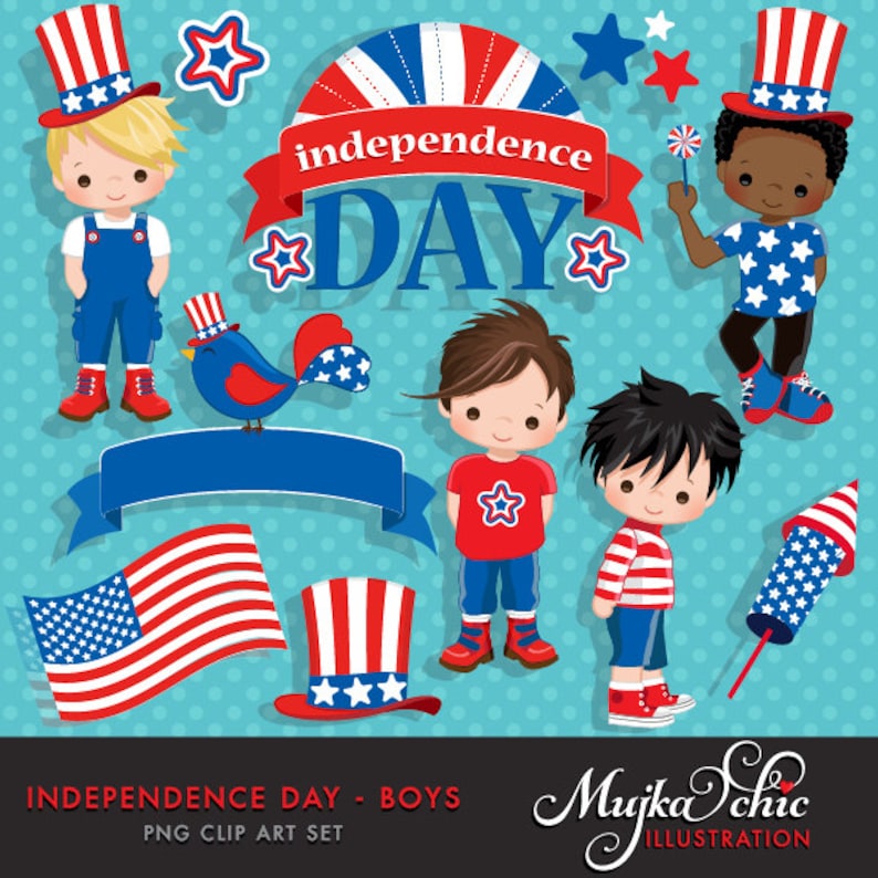 4th of July, Independence Day Boys Clipart American flag, American bird, 4th of July banner, stars, frame & cute characters. image 1