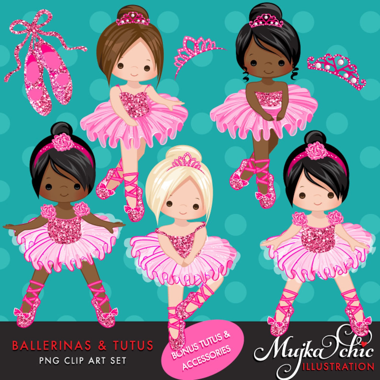 ballerinas and tutus hot pink glitter clipart, ballerina, hot pink tutu, hot pink tiara, ballet shoes, ballet dress, african ame