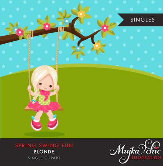 Spring Clipart. blonde girl playing, swing, spring trees, graphics, outdoor, easter, card making, scrapbooking, commercial use Il_570xn