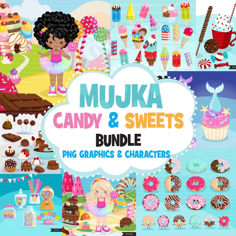 May include: A digital clipart bundle featuring colorful candy and sweets, including lollipops, ice cream cones, cupcakes, donuts, and chocolate. The bundle also includes two cartoon girls with pink tutus and a mermaid cupcake.