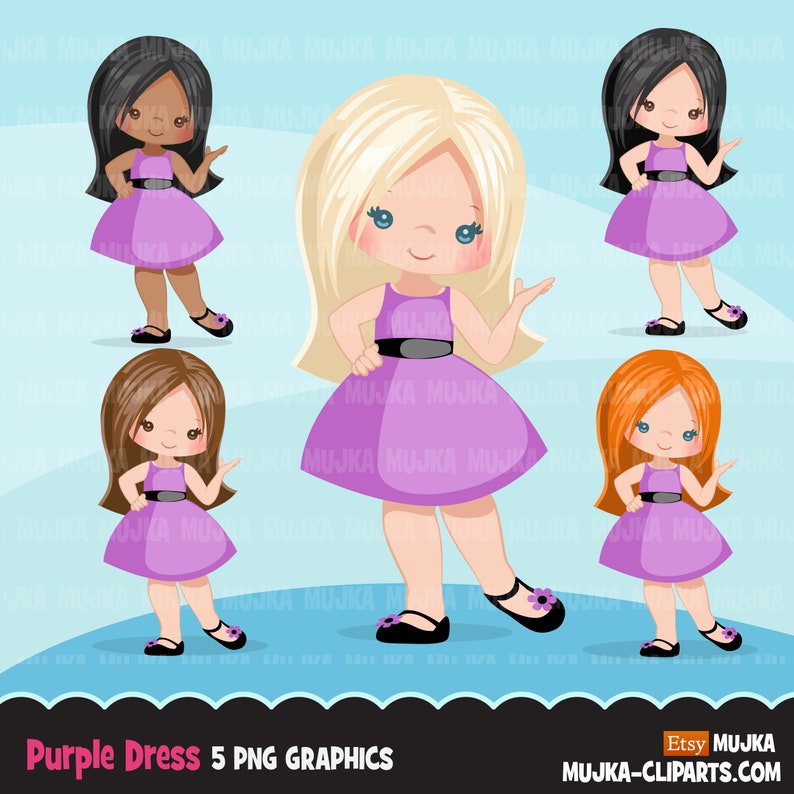 Spring Clipart purple dress girls cute kids graphics | Etsy