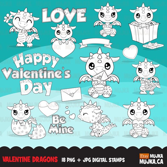 Valentine dragons Digital Stamps. Cute baby dragons, animals valentine's day coloring outline art, B&W, embroidery digitizing Il_570xn