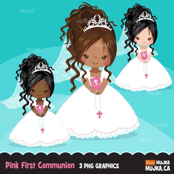 Pink First Communion Clipart for Girls. Holy Communion character, graphics, bible, rosary, veil. black, religious, afro, art Il_570xn