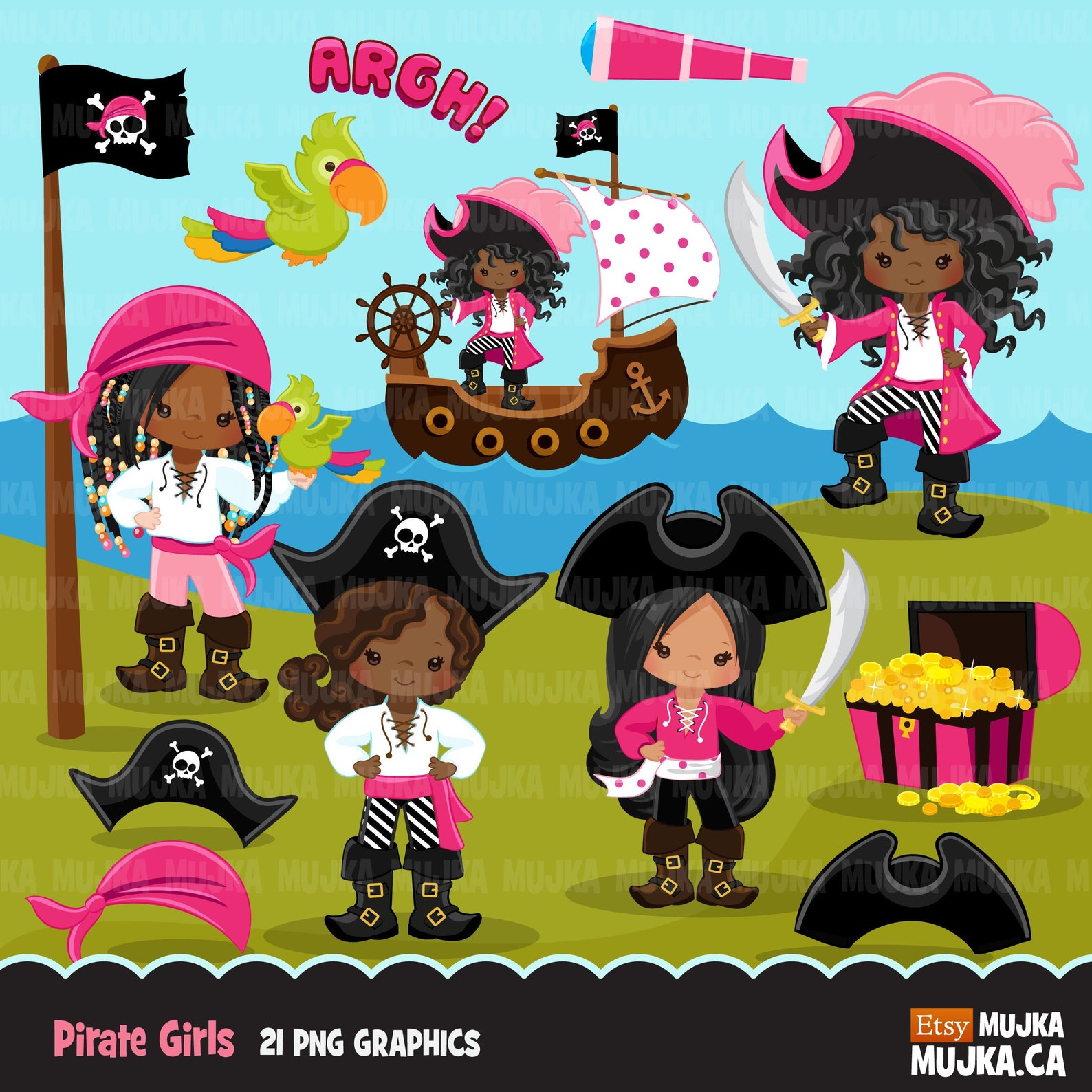 Pirate Clipart Pink Afro Girls Treasure Island, Pirate Ship, Flag ...