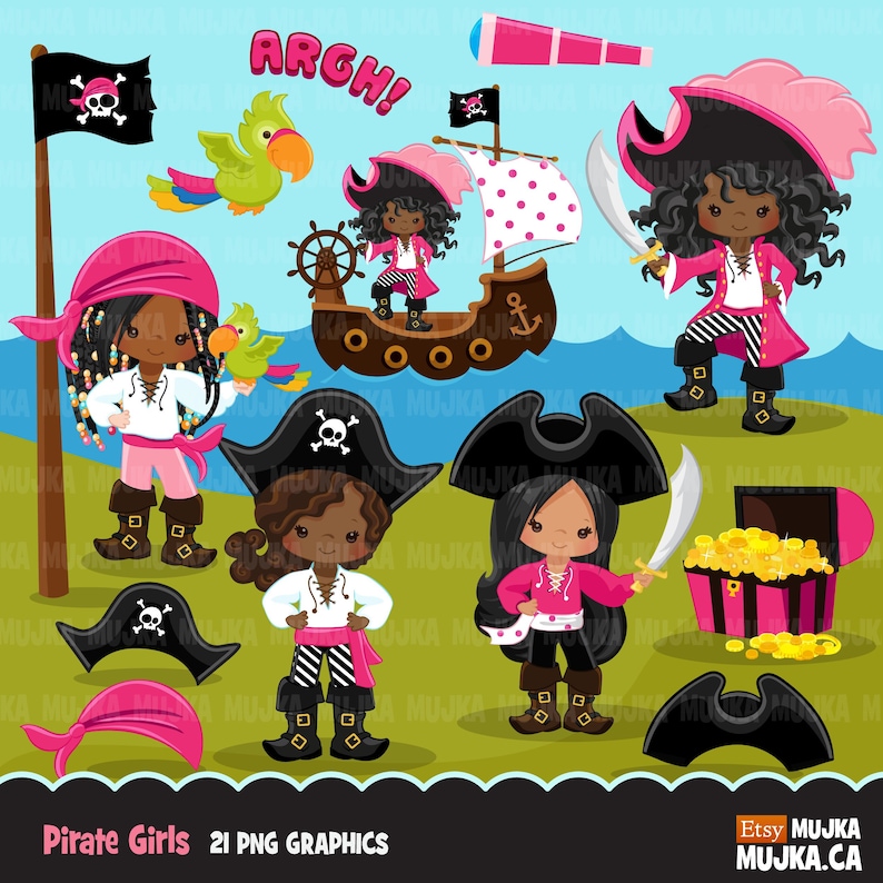 May include: A set of 21 digital graphics featuring pirate girls. The graphics include a pirate ship, a treasure chest, parrots, swords, hats, and bandanas. The graphics are in pink, black, white, and green.