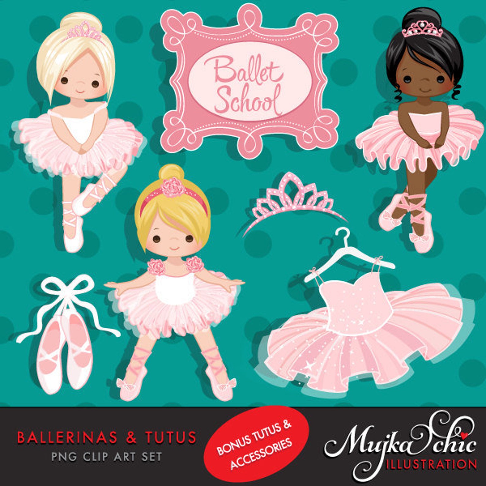 ballerina clipart with cute characters, pink tutu, ballet shoes graphics, ballet school, tiara, ballet dress, invitation, embroi
