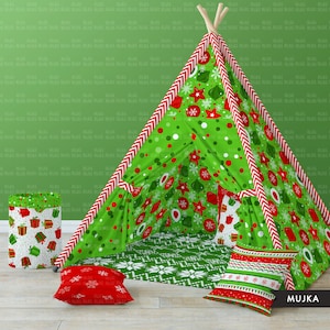 以下が含まれることがあります： 緑と赤のクリスマスをテーマにしたティピー型のプレイテントで、白い雪片と星の模様が施されています。ティピーは赤と白のストライプのトリムで飾られています。ティピーは緑と白の模様の敷物の上に設置されています。赤と白の模様の枕が2つと、白と赤の模様の収納箱があります。