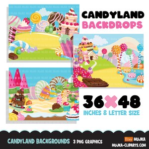 May include: Three digital backgrounds featuring a whimsical candyland theme. Each background features a different landscape with candy, lollipops, and other sweet treats. The backgrounds are 36 inches by 48 inches and are perfect for creating fun and festive backdrops for photoshoots or parties.