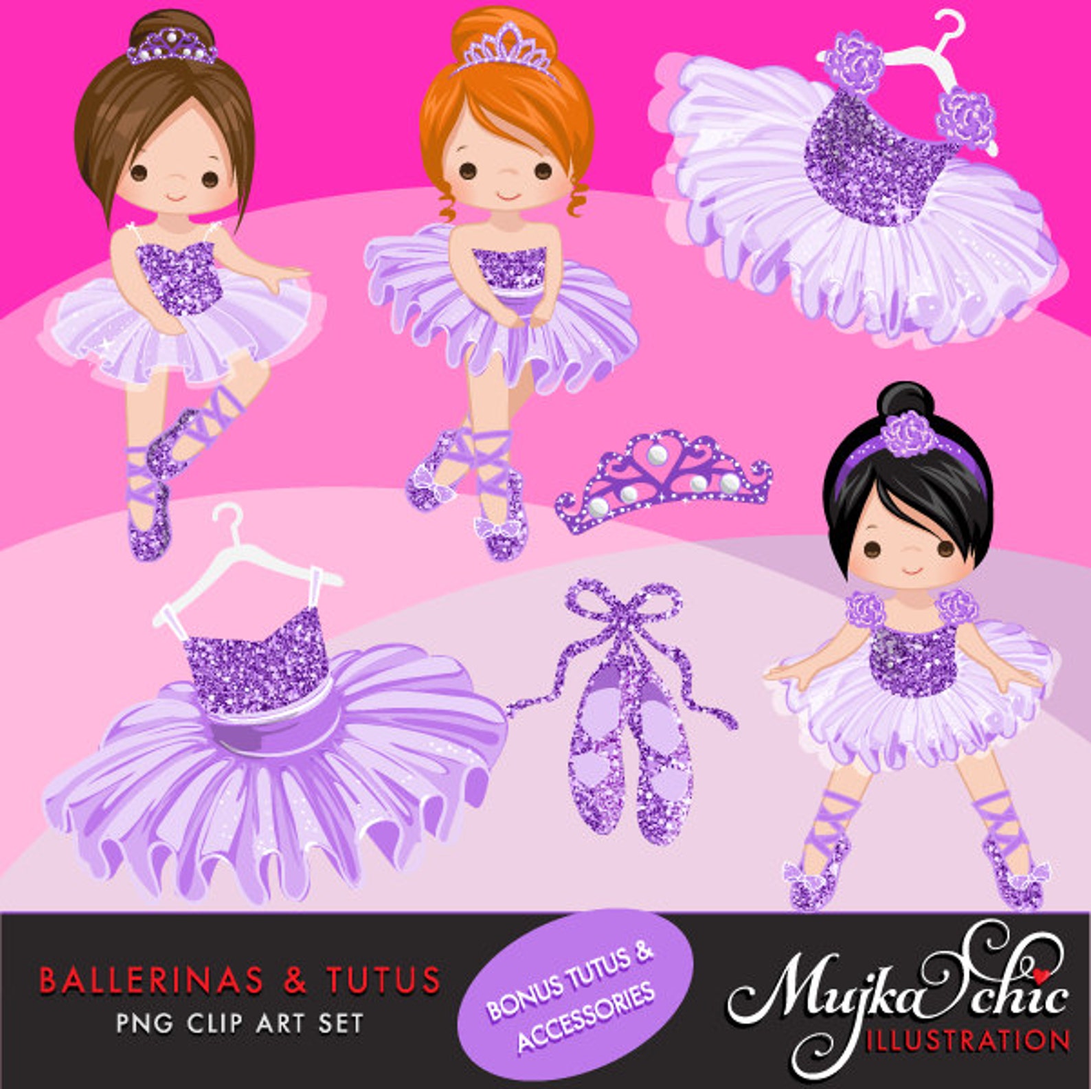 ballerinas and tutus purple glitter clipart with cute characters, purple tutus, ballet shoes graphics instant download ballerina