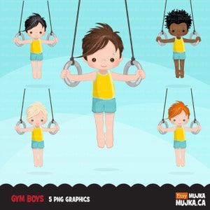 May include: Five illustrations of boys on gymnastic rings. The boys are wearing yellow tank tops and blue shorts. The rings are silver and hanging from the ceiling. The background is light blue.