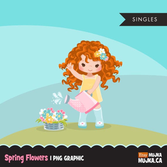Spring flowers Easter clipart, cute characters, watering flowers, illustration, art scrapbooking, card making, embroidery, planner stickers, Il_570xn