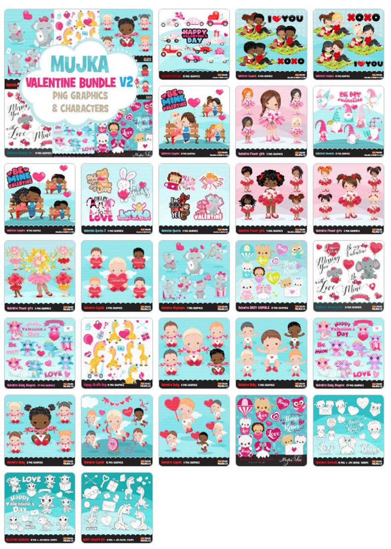 Valentine Clipart Bundle V2. Valentine's day graphics, animals, elephant, giraffe, cupids, dragon Sublimation Designs graphics image 2