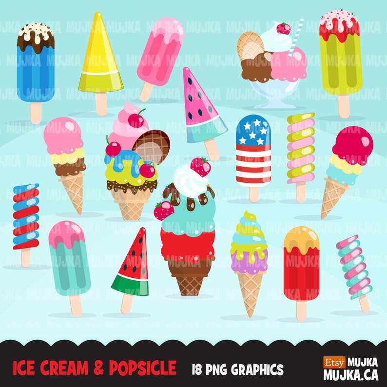 May include: A set of 18 digital illustrations of ice cream and popsicles. The illustrations feature various flavors and designs, including watermelon, cherry, chocolate, and swirl popsicles, as well as ice cream cones with different toppings. The illustrations are in a cartoon style and are perfect for use in digital projects.