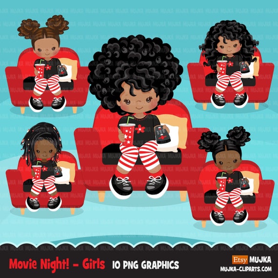 Movie night Clipart, movie birthday party, black girls graphics, TV remote, popcorn, sleepover party Png clip art Il_570xn