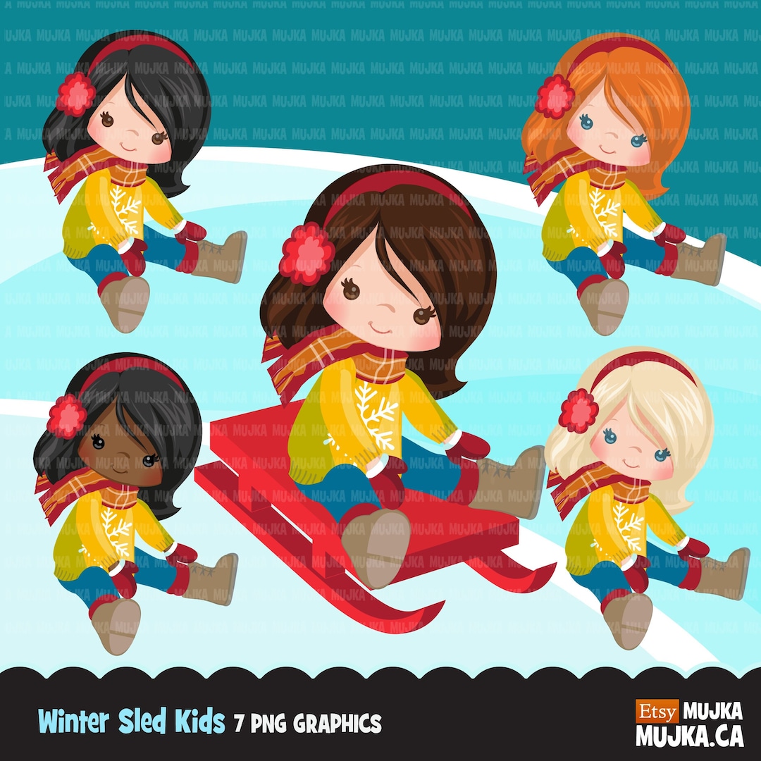 Winter Sled Snow Kids Clipart, Kids Sledding, Tobogganing, Winter ...