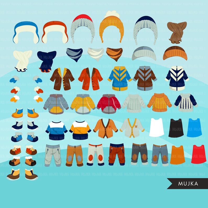 May include: A set of winter clothing illustrations, including hats, scarves, jackets, sweaters, pants, and shoes. The illustrations are in a cartoon style and feature a variety of colors and patterns.