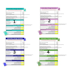 Könnte beinhalten: Vier Stickkostenrechner-Blätter mit Text und Grafiken. Jedes Blatt hat einen unterschiedlich farbigen Rand und eine Grafik einer Garnrolle. Der Text enthält Felder für Stichzahl, Zeit und Gebühren.
