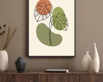 Monstera Leaf Printable Wall Art – Boho Botanical Line Art with Abstract Earth Tones | Digital Download