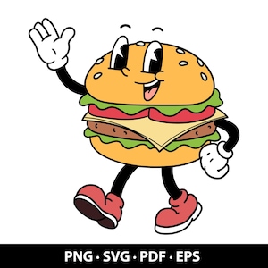 Divertida y alegre mascota de hamburguesa de dibujos animados - Descarga digital / Clipart retro de comida rápida para pegatinas, camisetas y logotipos