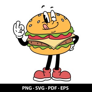 Mascota de hamburguesa de dibujos animados retro (imágenes prediseñadas PNG/SVG): adorable personaje de hamburguesa. Arte de comida kawaii para calcomanías, logotipos, sublimación y merchandising.
