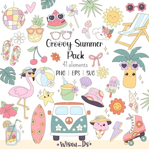Groovy Summer Clipart Pack – 41 Kawaii Retro Summer Elements – PNG SVG EPS – Digital Graphics for Stickers, T-Shirts, Planners & More