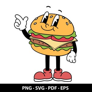 Personagem de hambúrguer sorridente e fofo - Download digital | PNG | SVG | Clipart retrô de fast food para adesivos, camisetas e logotipos