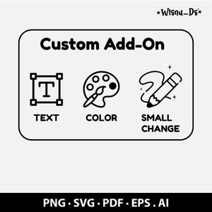 May include: A white graphic with the text "Custom Add-On" and icons for text, color, and small changes. Below are file type options: PNG, SVG, PDF, EPS, and AI. The image has a simple, clean design.