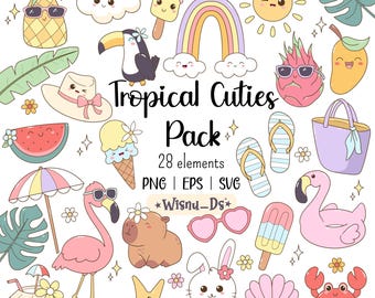 Kawaii Tropical Clipart Pack: Summer Graphics, Stickers (PNG, SVG, EPS Digital Download
