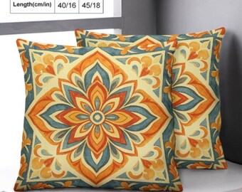 Warm Ochre Mandala Floral Cushion Cover, Rustic Bohemian Sofa Pillow, Vintage Cabin Aesthetic Decor